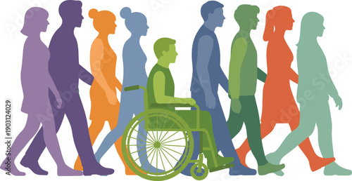 Diverse people silhouettes walking with wheelchair user flat vector illustration, inclusive society, accessibility, equality, social diversity and community concept