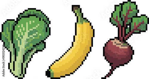 Pixel art vegetables and fruits set, broccoli banana beetroot icons, healthy food farming concept, retro game style illustration