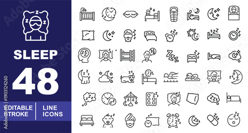 Sleep and Bedtime Environment Line Icons. Editable stroke vector symbols for bedroom furniture, baby nursery, sleeping pets, and night routine elements. Minimalist outline graphics for home interior