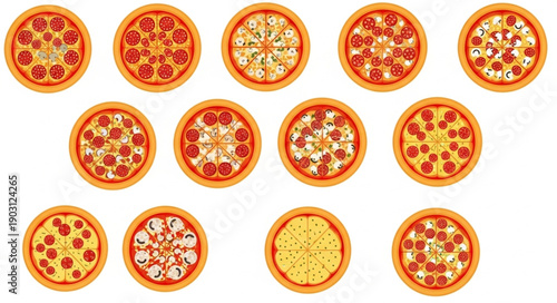 Collection of delicious pizzas with various toppings arranged in rows.