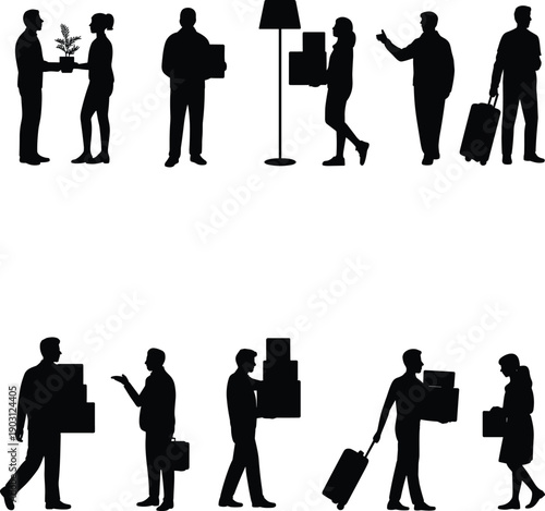 People silhouette daily life set, travel shopping delivery actions, men women carrying boxes luggage, lifestyle activity concept, flat vector illustration