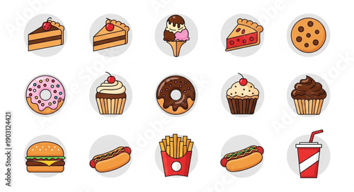 Collection of delicious sweet and savory food icons.