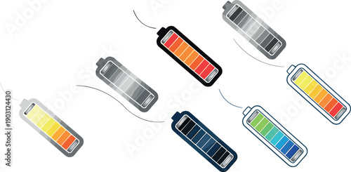 Colorful battery charge level indicators set with various power status icons illustration