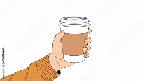 Illustration of a hand holding a disposable coffee cup with a white background.
