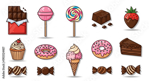 Collection of delicious sweet treats and desserts isolated on white background.