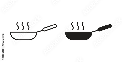 Frying pan icons vector symbol with editable stroke and flat versions
