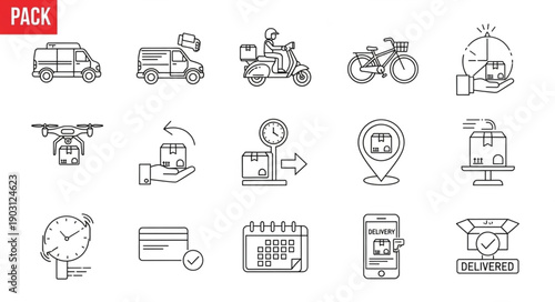 Collection of delivery and logistics icons in a hand-drawn style.