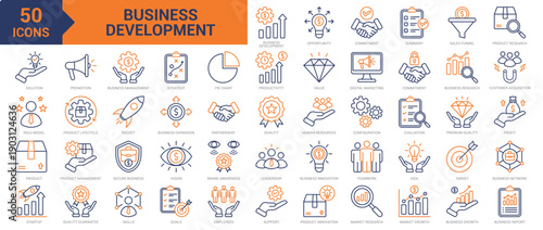Business Development colored line icon collection set. Containing promotion, business management, strategy, efficiency, productivity, value, online marketing, commitment, partnership icons