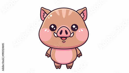Charming cartoon pig with a pink nose and rosy cheeks against a clean white background, with a cute expression and a flat design style.