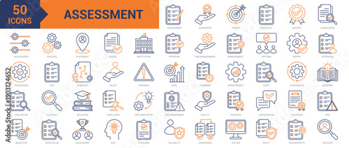 Assessment colored line icon collection set. Containing compliance, expert, checklist, validity, conclusion, evaluation, objective, quality, standard, strategy, result, verification, audit icons
