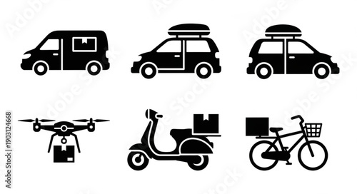 Collection of delivery vehicle icons including drone van scooter bicycle.