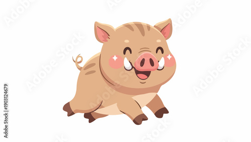 Cartoon piglet with rosy cheeks and sharp teeth running on a plain white background with a playful mood.