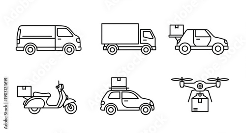 Collection of delivery vehicles and drone icons.