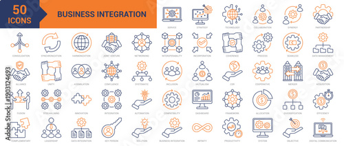 Business Integration colored line icon collection set. Containing strategy, technology, collaboration, synergy, partnership, consolidation, alliance, fusion, complementary, synchronization icons