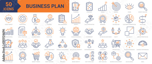Business Plan colored line icon collection set. Containing planning, strategy, vision, mission, goals, branding, distribution, customer segmentation, business expansion, innovation, growth icons