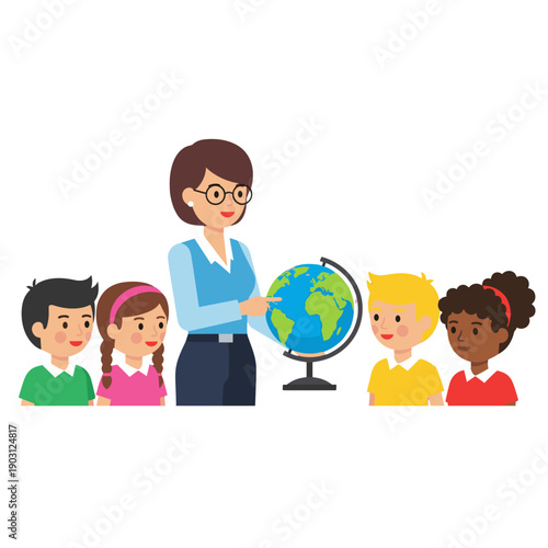 A teacher showing a globe to a diverse group of children in a classroom setting