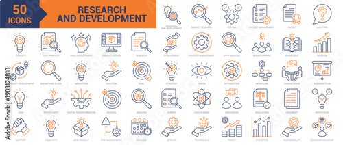 Research and Development colored line icon collection set. Containing research, development, testing, new product, workflow, patent, concept, product development, innovation, idea, survey icons