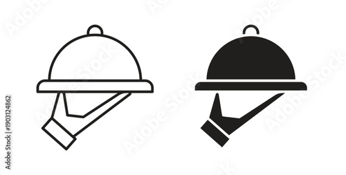 Hand holding tray icons vector symbol with editable stroke and flat versions