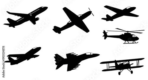 Collection of different aircraft silhouettes in flight.