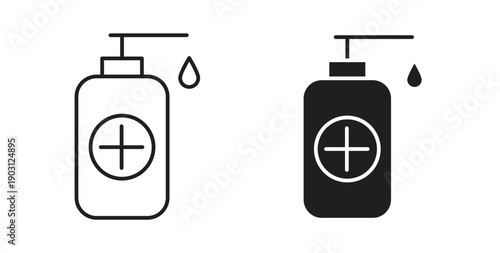 Hand sanitizer icons vector symbol with editable stroke and flat versions