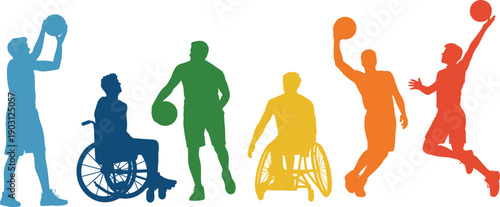 Inclusive basketball player silhouettes set, standing and wheelchair athletes dribbling shooting poses, adaptive sports diversity concept, flat vector illustration