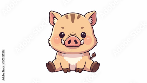 Cute cartoon piglet sitting with a pink snout and brown spots on a white background with a playful and cheerful mood.
