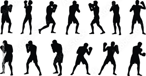 Boxer silhouettes fighting poses, boxing training stances, male athlete combat movements isolated black vector illustrations