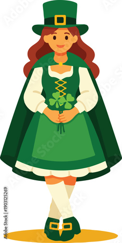Female St Patrick Character Celebration Full Body Flat Vector Illustration featuring Joyful Woman in Traditional Saint Patrick Attire with Open Arms for Irish Festival