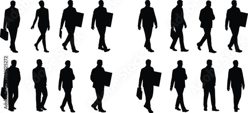 Walking businessman silhouettes carrying documents and boards, professional corporate men commuting, office workers in motion isolated