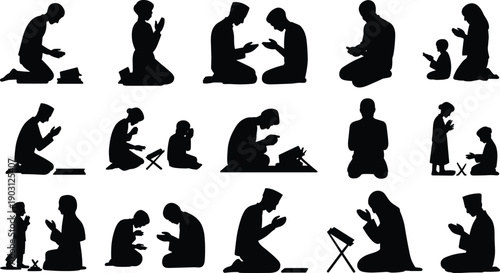 Muslim prayer silhouettes collection, men women and children praying poses, Islamic worship scenes isolated on white background