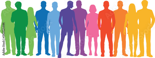 Colorful diverse people silhouettes standing together, social diversity inclusion unity community concept, multicultural teamwork, modern flat vector illustration
