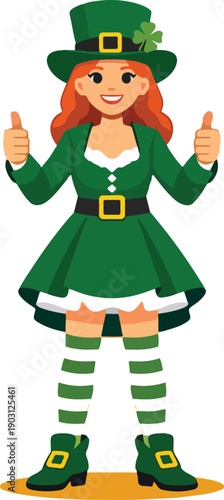 Female St Patrick Character Thumbs Up Gesture Full Body Flat Vector Illustration featuring Woman in Traditional Saint Patrick Attire with Approval Sign for Irish Holiday