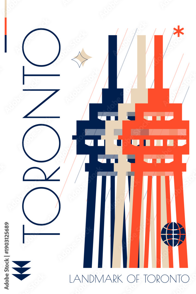 Fototapeta premium Toronto landmark poster in retro futurism style. Vintage printable vector cover, postcard, illustration. Futuristic, halftone Canada city art with iconic monument, building