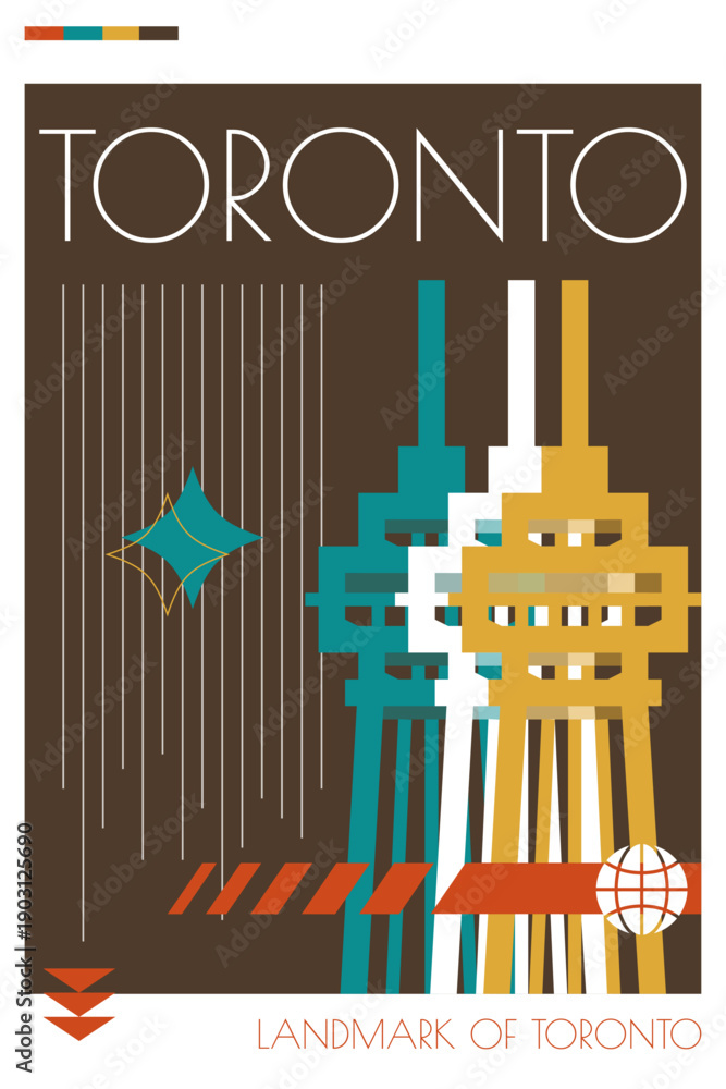 Fototapeta premium Toronto landmark poster in retro futurism style. Vintage printable vector cover, postcard, illustration. Futuristic, halftone Canada city art with iconic monument, building