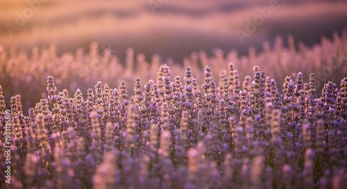 A vast field of blooming lavender flowers bathed in the warm glow of a sunset