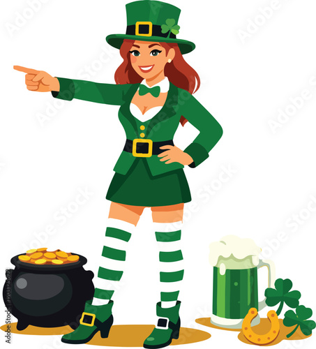 Female St Patrick Character Pointing Gesture Full Body Flat Vector Illustration featuring Woman in Traditional Saint Patrick Attire Presenting Holiday Information