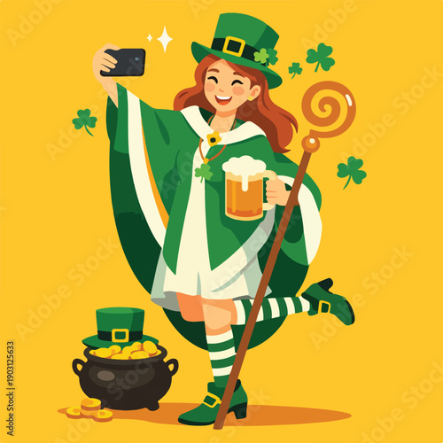 Female St Patrick Character Taking Selfie Full Body Flat Vector Illustration featuring Woman in Traditional Saint Patrick Attire with Smartphone for Social Media Celebration