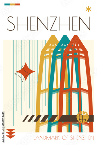 Shenzhen landmark poster in retro futurism style. Vintage printable vector cover, postcard, illustration. Futuristic, halftone China city art with iconic monument, building