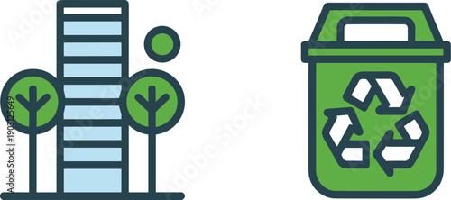 Eco city building and recycling bin icon, sustainable urban environment concept, green waste management symbol, flat vector illustration