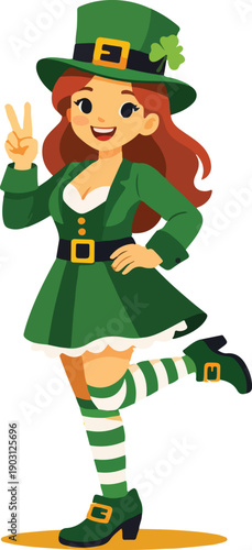 Female St Patrick Character Peace Sign Pose Full Body Flat Vector Illustration featuring Woman in Traditional Irish Saint Attire with V-Gesture for Holiday Celebration