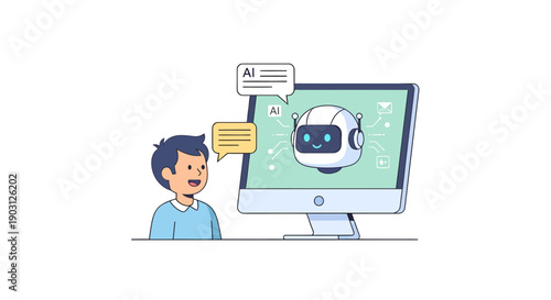 Man talks to robot on computer screen in office setting with AI technology