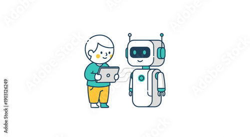 A boy and a robot interact with a tablet in a friendly scene with fun elements.