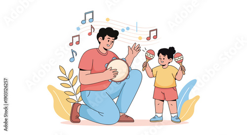 Father and daughter playing musical instruments together