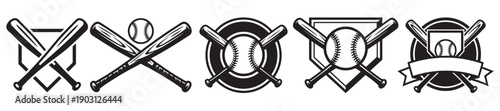 Baseball sports emblem collection includes crossed bats, balls, and home plates in a black and white badge style.