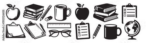 School education element set includes books, apples, globes, and pencils in a monochrome vector illustration.