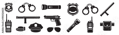 Police law enforcement gear collection features badges, handcuffs, and guns in a black vector icon style.