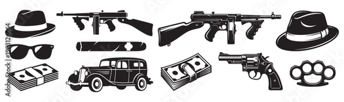 Retro mafia gangster collection includes tommy guns, fedora hats, and vintage cars in a noir vector style.