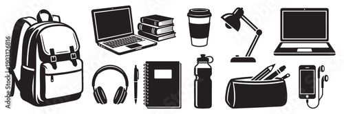 Student school supply collection features backpacks, laptops, books, and coffee cups in a black vector illustration.