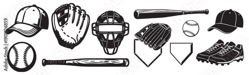 Baseball sports equipment set features bats, gloves, and catcher gear in a black vector illustration style.