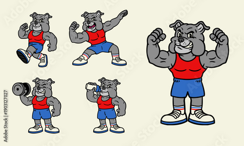 Bulldog Muscle Character Mascot Set